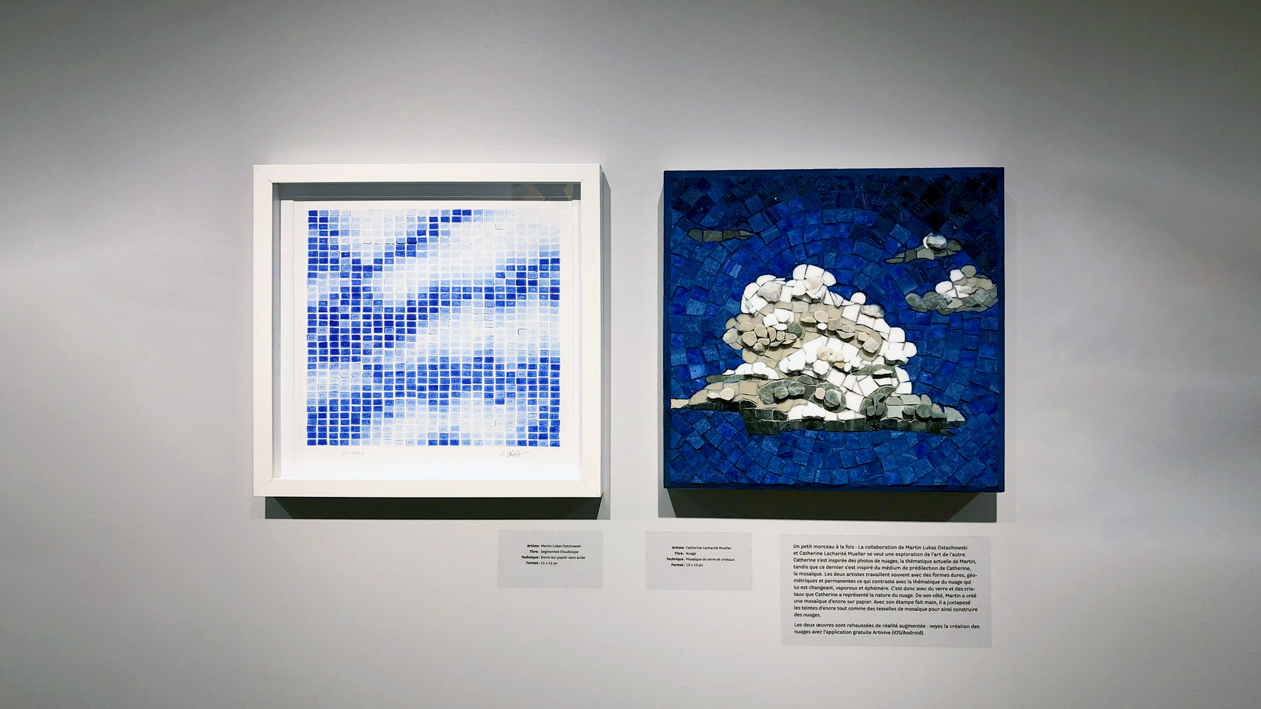 Cloud diptych during the intersection group exhibition in Sherbrooke, QC  Left: Segmented Cloudscape, ink on acid-free paper, Martin Lukas Ostachowski, 2020  Right: Nuage, Glas and crystal mosaic, Catherine Lacharite Mueller, 2020  Photo credit: Vincent Arnold