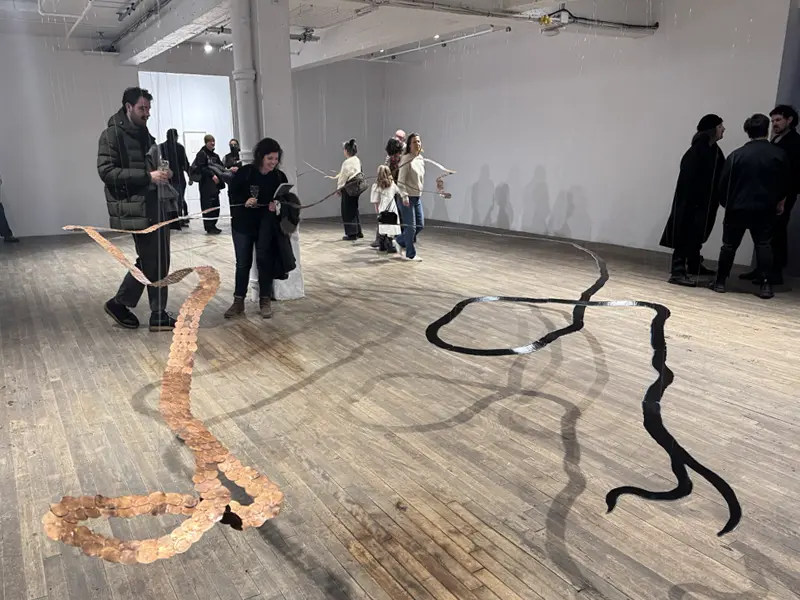 Left: Martin Lukas Ostachowski, Production Director Gina Cortopassi, and artist and author Vincent Charlebois. Right: As Above So Below installation by Yen-Chao Lin at the Oboro Art Center