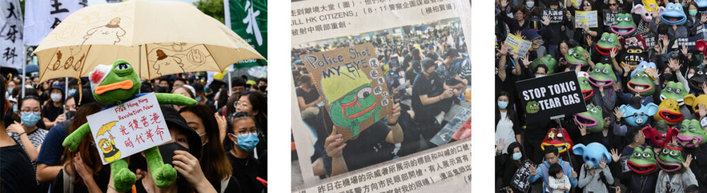 Coverage of the Hong Kong protests featuring Pepe as plush toys, posters and masks (2019)