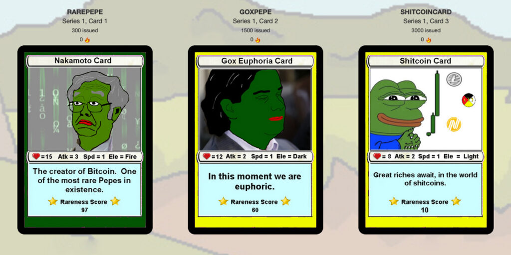 First three blockchain-based Rare Pepe cards created by anonymous user Mike (2016)