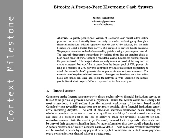 Release of the Bitcoin white paper by Satoshi Nakamoto