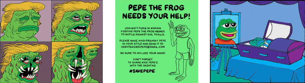 Matt Furie’s comic “Alt-Right Election Nightmare” (2016), a joined campaign with the Anti-Defamation League to reclaim Pepe (2016), Matt Furie’s attempt to kill of his popular character (2017)