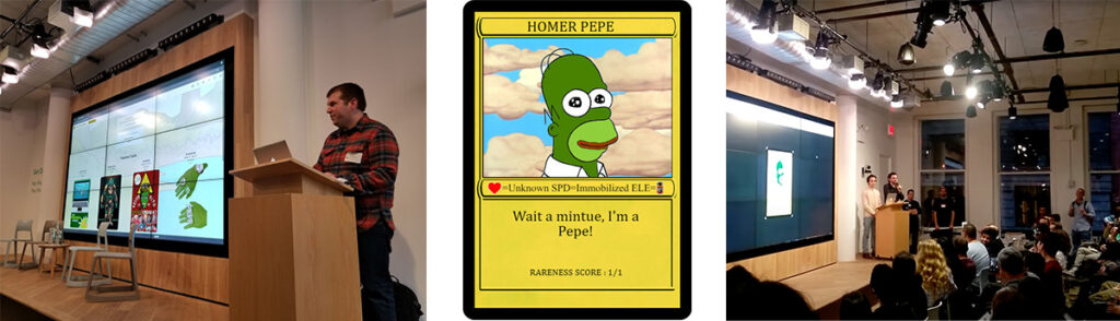 Rare Art Festival: Joe Looney, creator of Rare Pepe Wallet (2018), highest selling lot HomerPepe by user ICQ, a screenshot of the heated auction led by Ray Rosenstein and Louis Parker (2018)